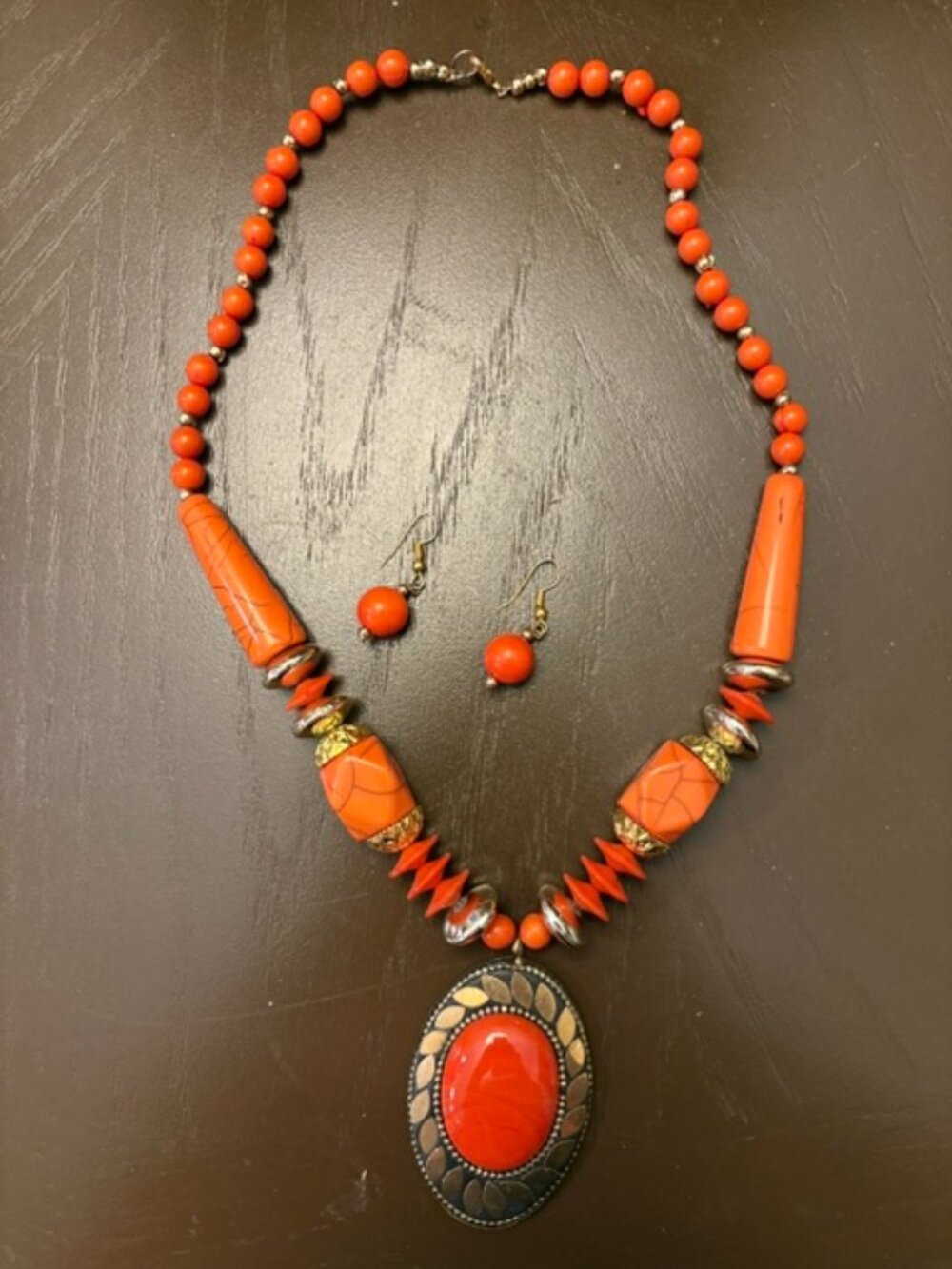 Orange and Gold tone Bead Necklace and matching earrings